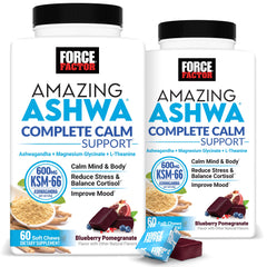 Force Factor Amazing Ashwa Complete Calm bottle showing convenient, mess-free daily calm support with soft chews.