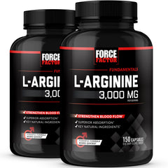 Force Factor L-Arginine bottle front highlighting 3000mg per serving for nitric oxide support.