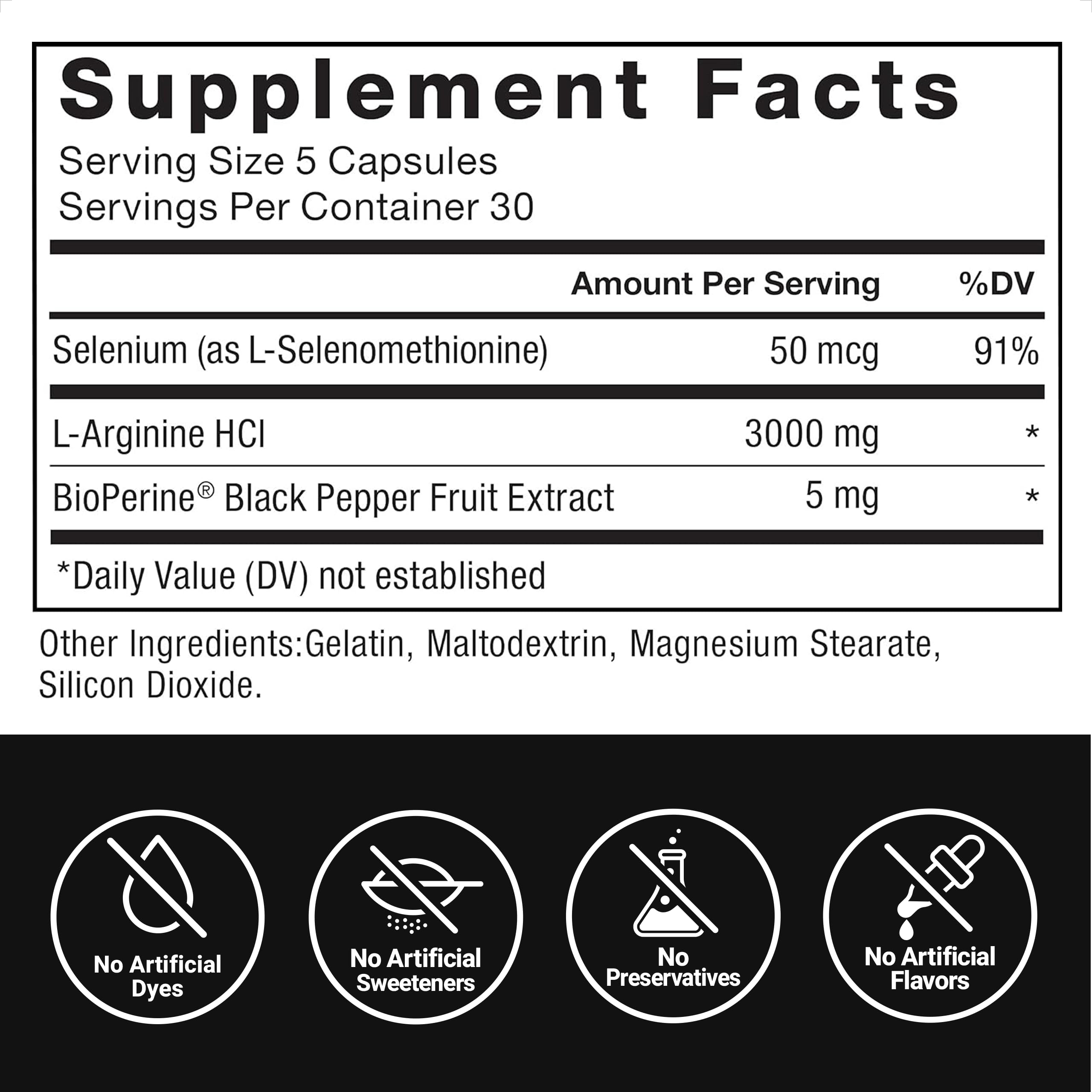 Force Factor L-Arginine dosage panel on the bottle indicating 3000mg strength.