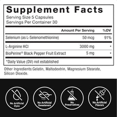 Force Factor L-Arginine dosage panel on the bottle indicating 3000mg strength.