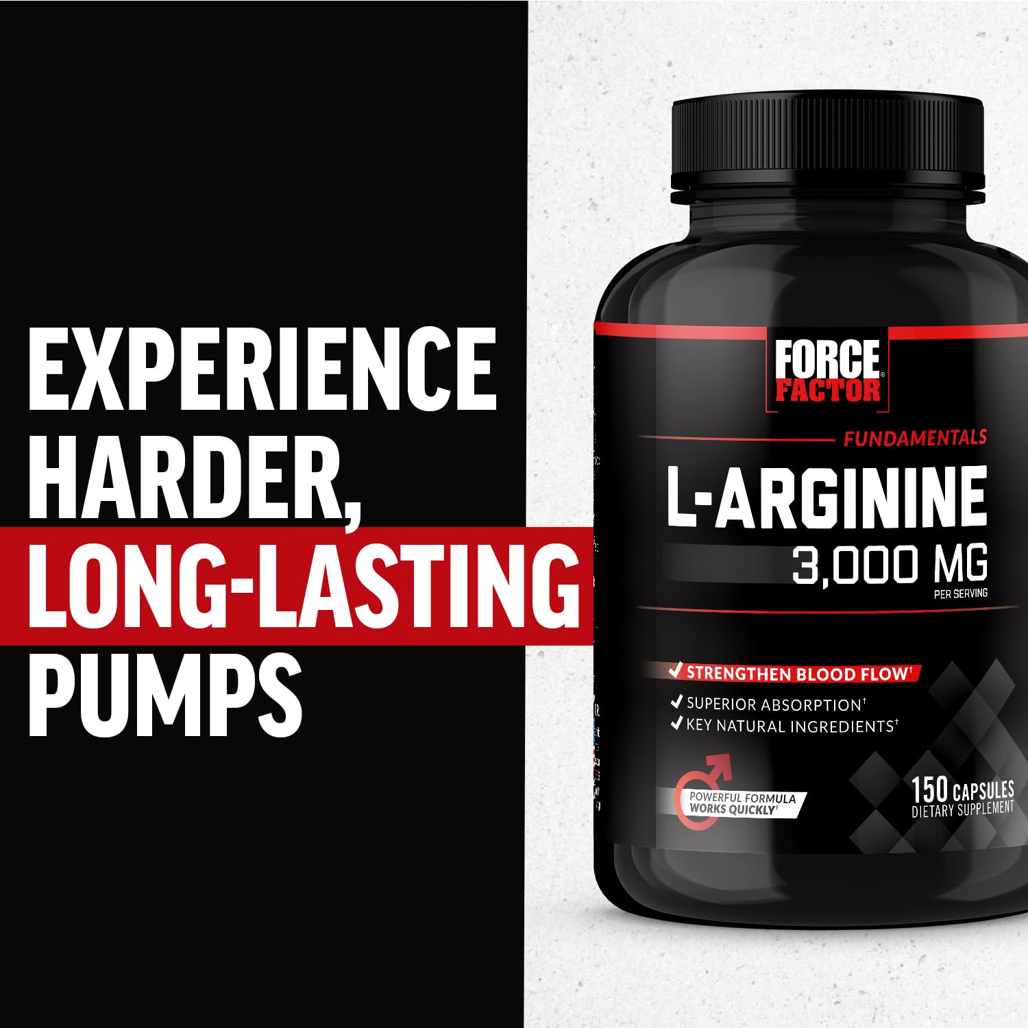 Force Factor L-Arginine bottle with US-made seal indicating quality manufacturing.