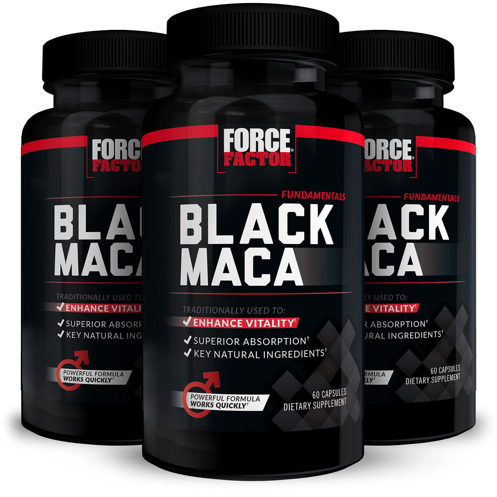 Force Factor Black Maca bottle highlighting daily capsules for energy support.