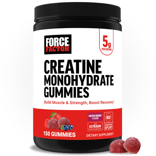 Force Factor Creatine Gummies bottle-front with mixed-berry flavor and on-the-go energy support