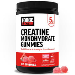 Force Factor Creatine Gummies bottle on table supporting on-the-go gains.
