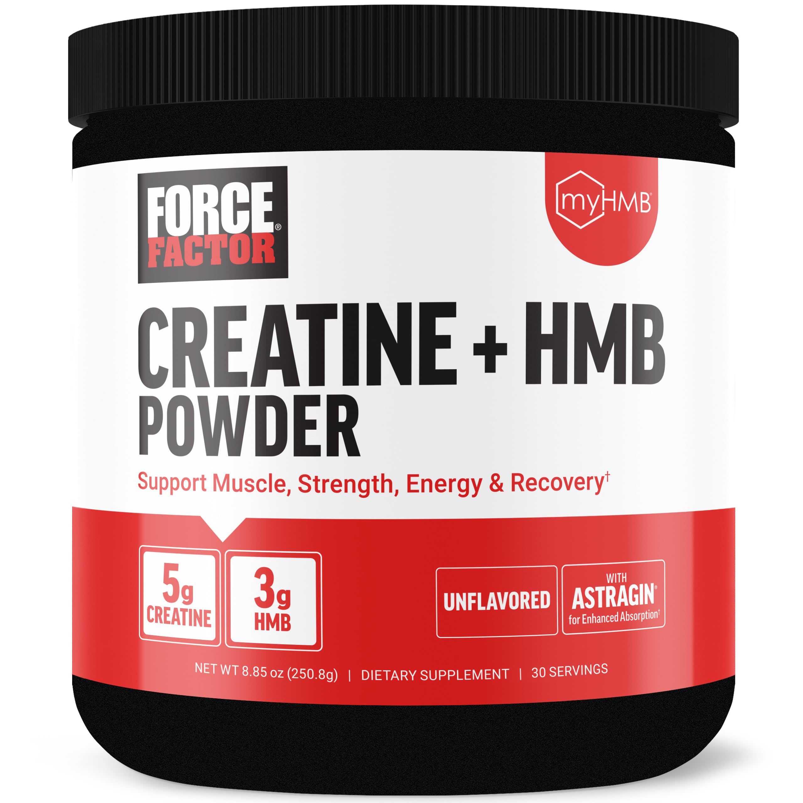 Force Factor Creatine HMB Powder unflavored packaging supports clean muscle use