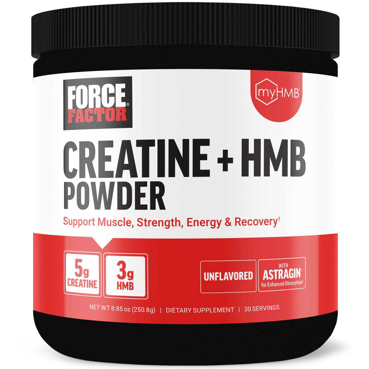 Force Factor Creatine HMB Powder unflavored packaging supports clean muscle use