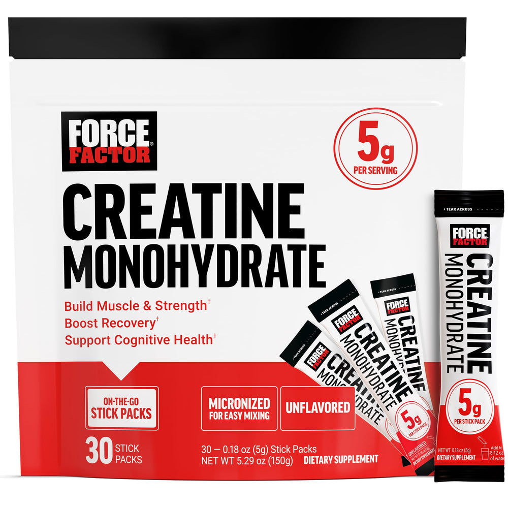 Force Factor Creatine On-The-Go Stick Pack unflavored boosts workout energy.