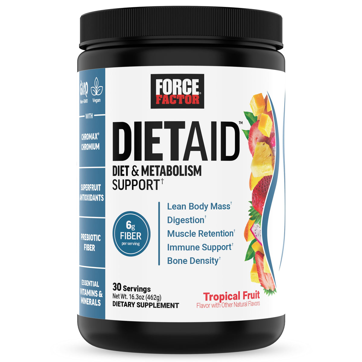 Force Factor Diet Aid powder tropical fruit tub enhances metabolism when paired with a healthy routine.