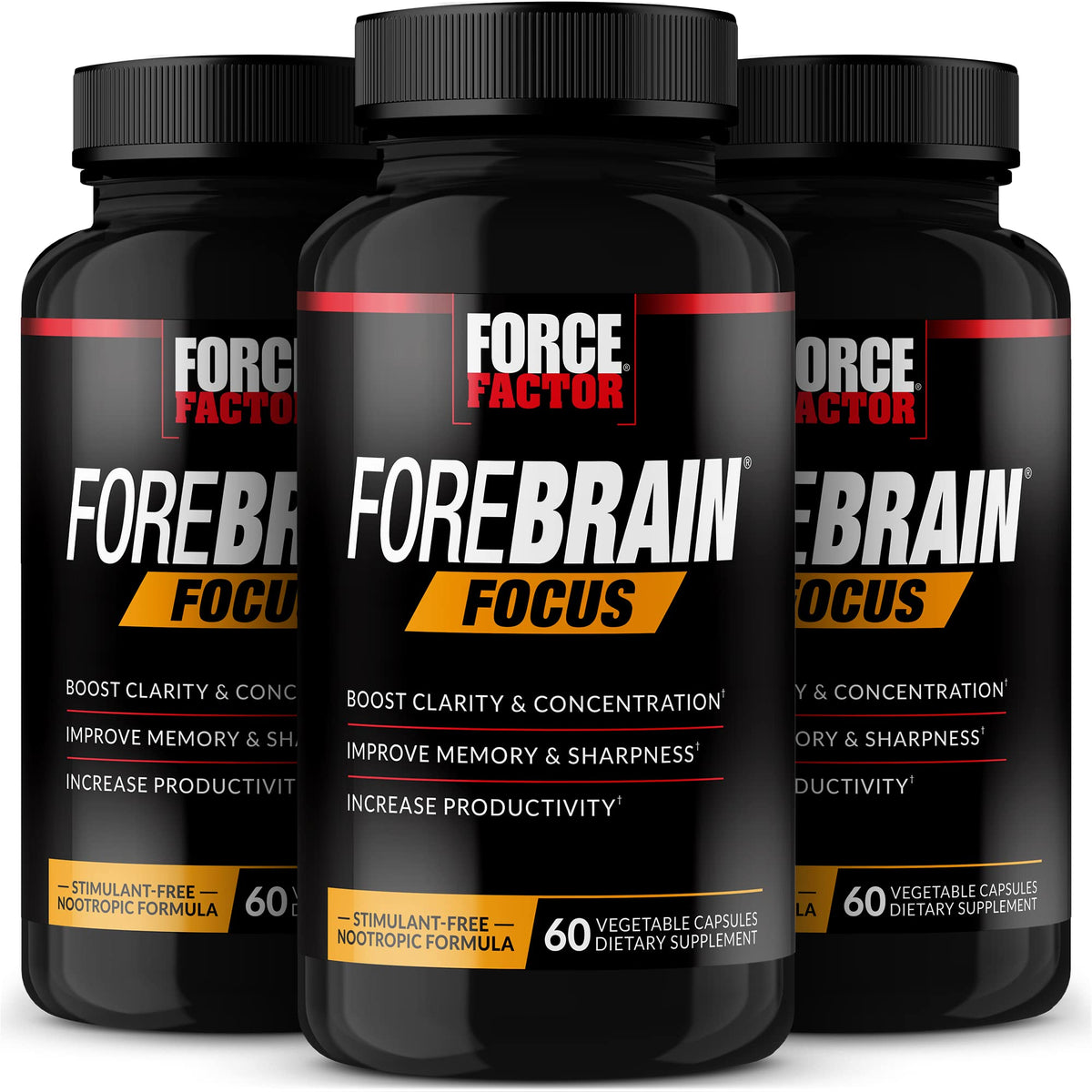 Force Factor Forebrain Focus bottle with capsules supports daily focus and mental clarity