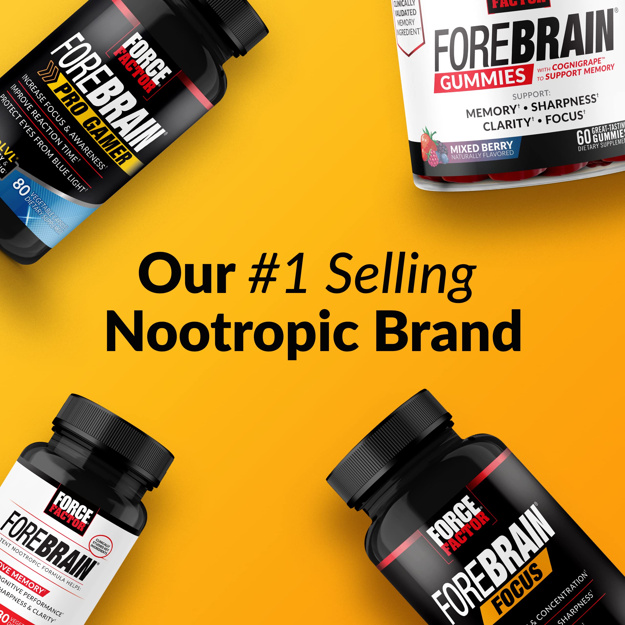 Ingredients icons illustrate nootropic herbs, adaptogens, and antioxidants