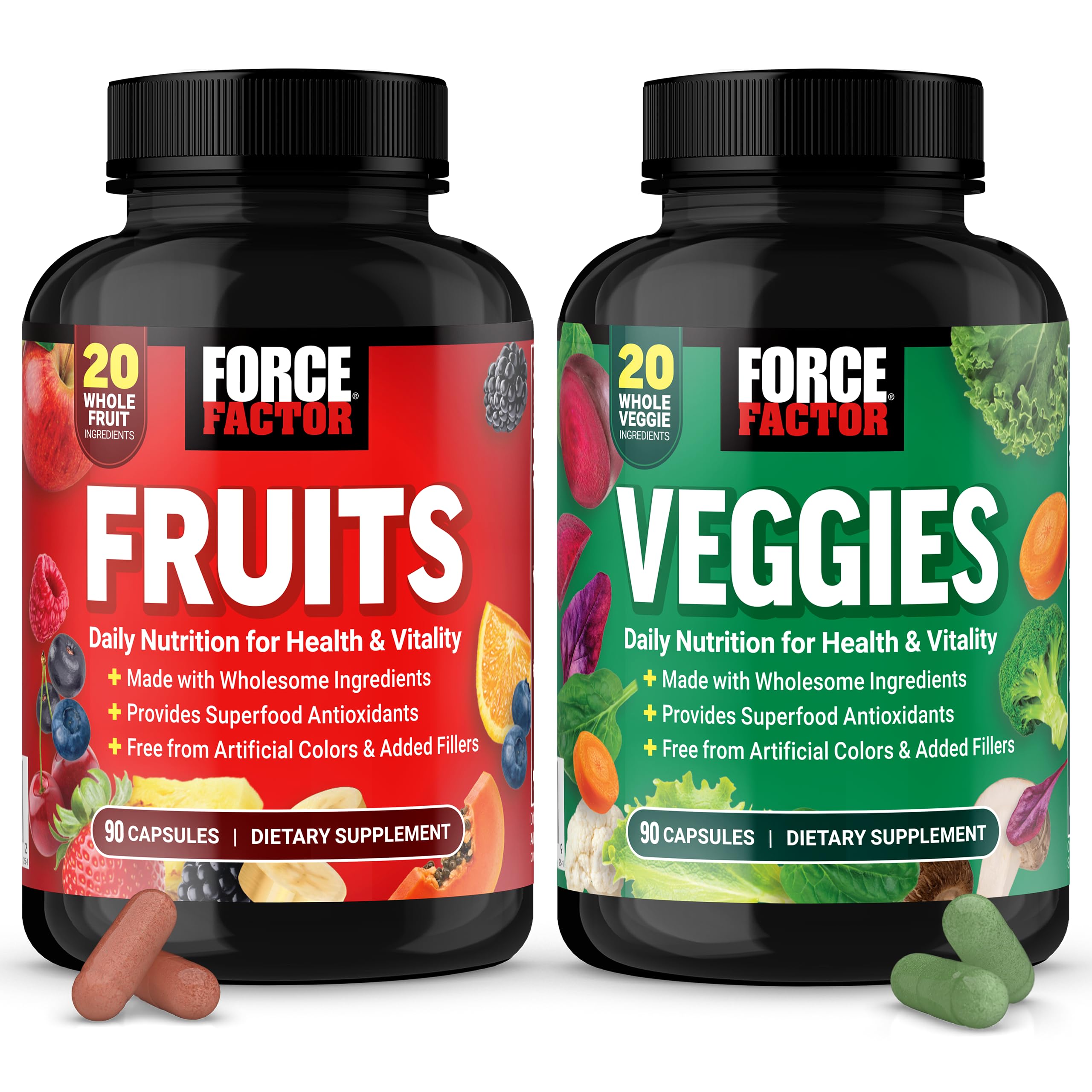 Force Factor Fruits & Veggies bottle front for easy daily nutrition in capsules.