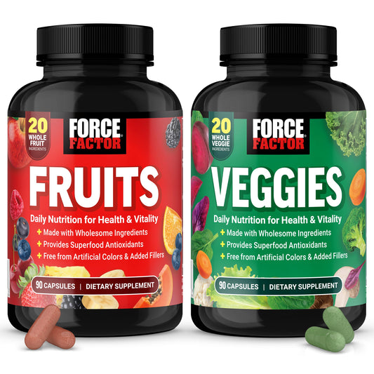 Force Factor Fruits & Veggies bottle front for easy daily nutrition in capsules.