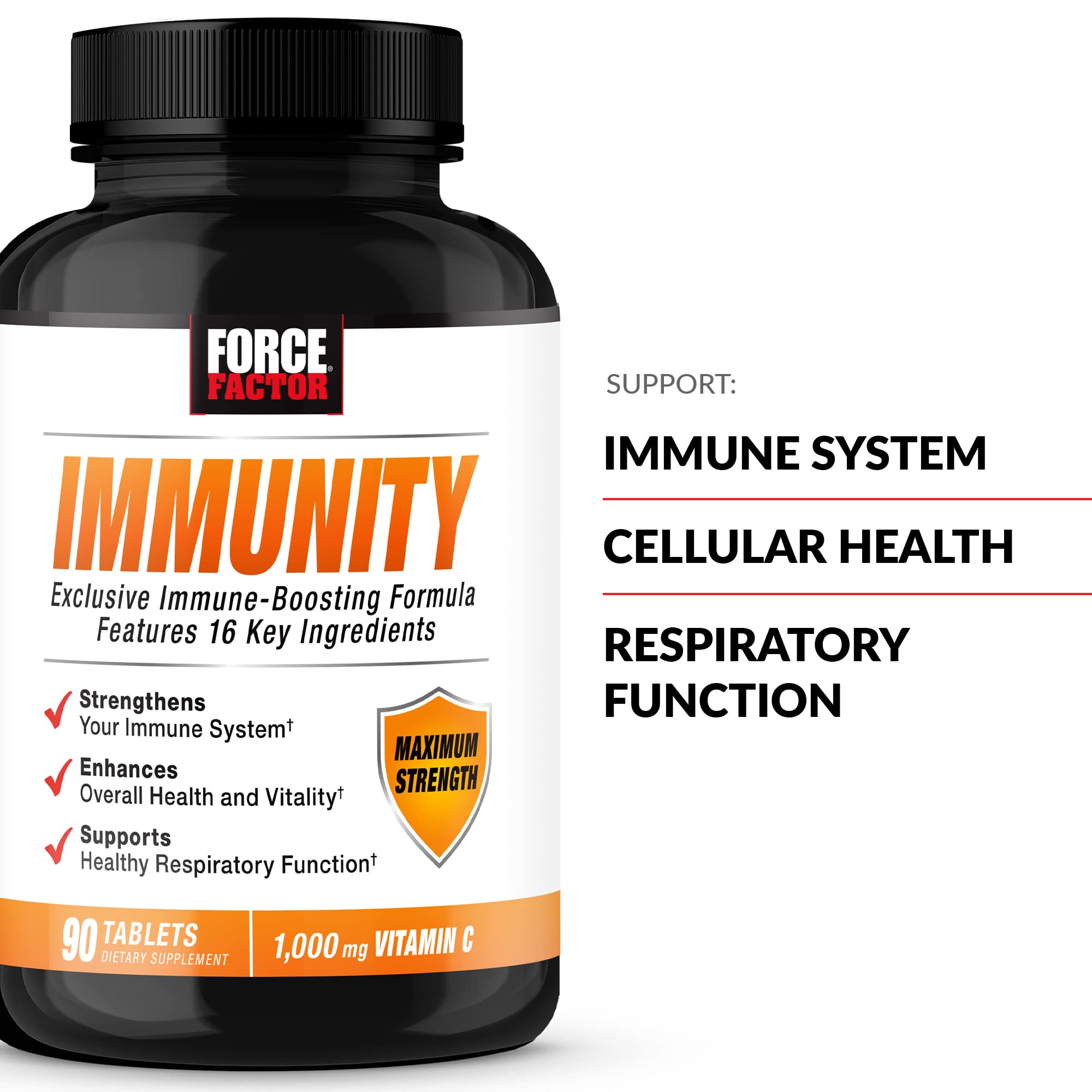 Force Factor Immunity label close-up highlighting essential vitamins and minerals.