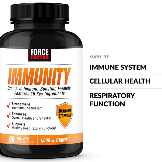 Force Factor Immunity label close-up highlighting essential vitamins and minerals.