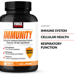 Force Factor Immunity label close-up highlighting essential vitamins and minerals.