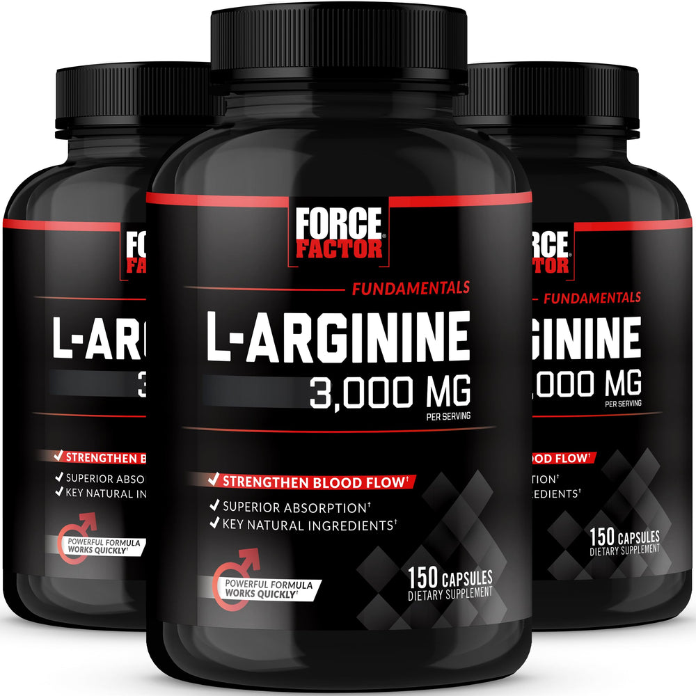 Force Factor L-Arginine 3-Pack bottle front shows nitric oxide support for workouts