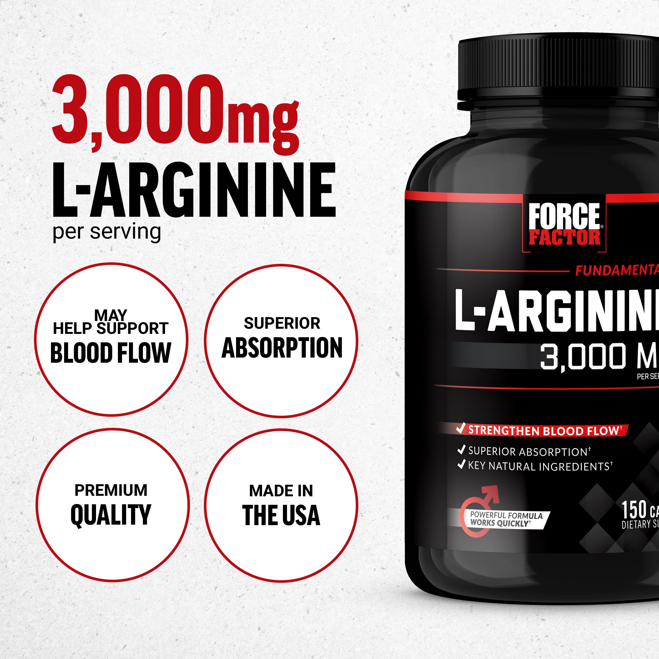 Force Factor L-Arginine 3-Pack bottle side highlights 3000mg dose and Bioperine absorption