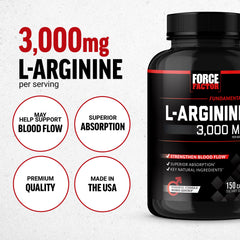 Force Factor L-Arginine 3-Pack bottle side highlights 3000mg dose and Bioperine absorption