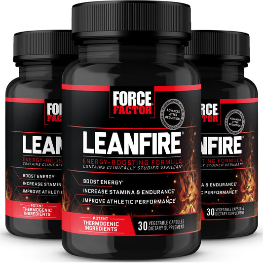 Force Factor LeanFire bottle closeup with label for energy support during workouts.