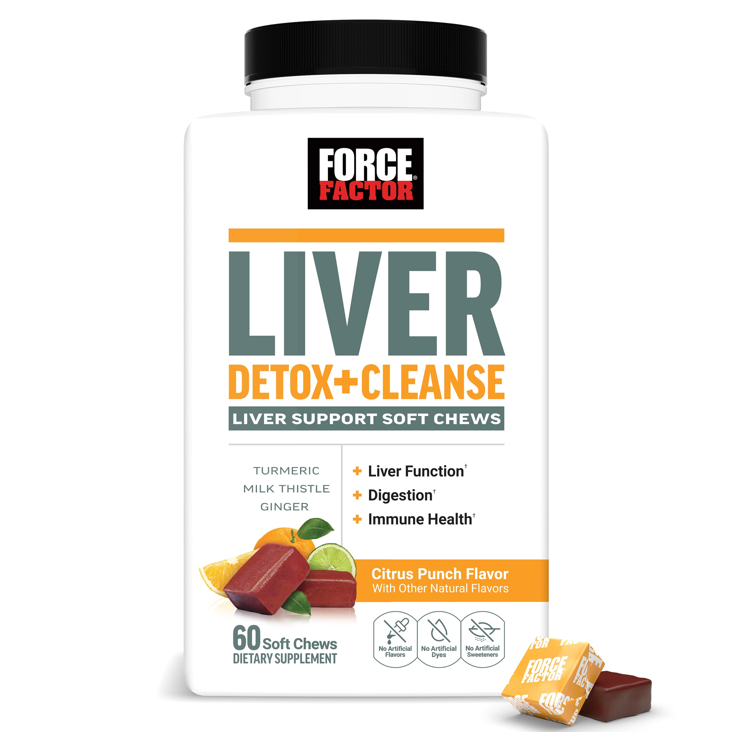 Force Factor Liver Detox Soft Chews bottle front shows Citrus Punch flavor and detox support