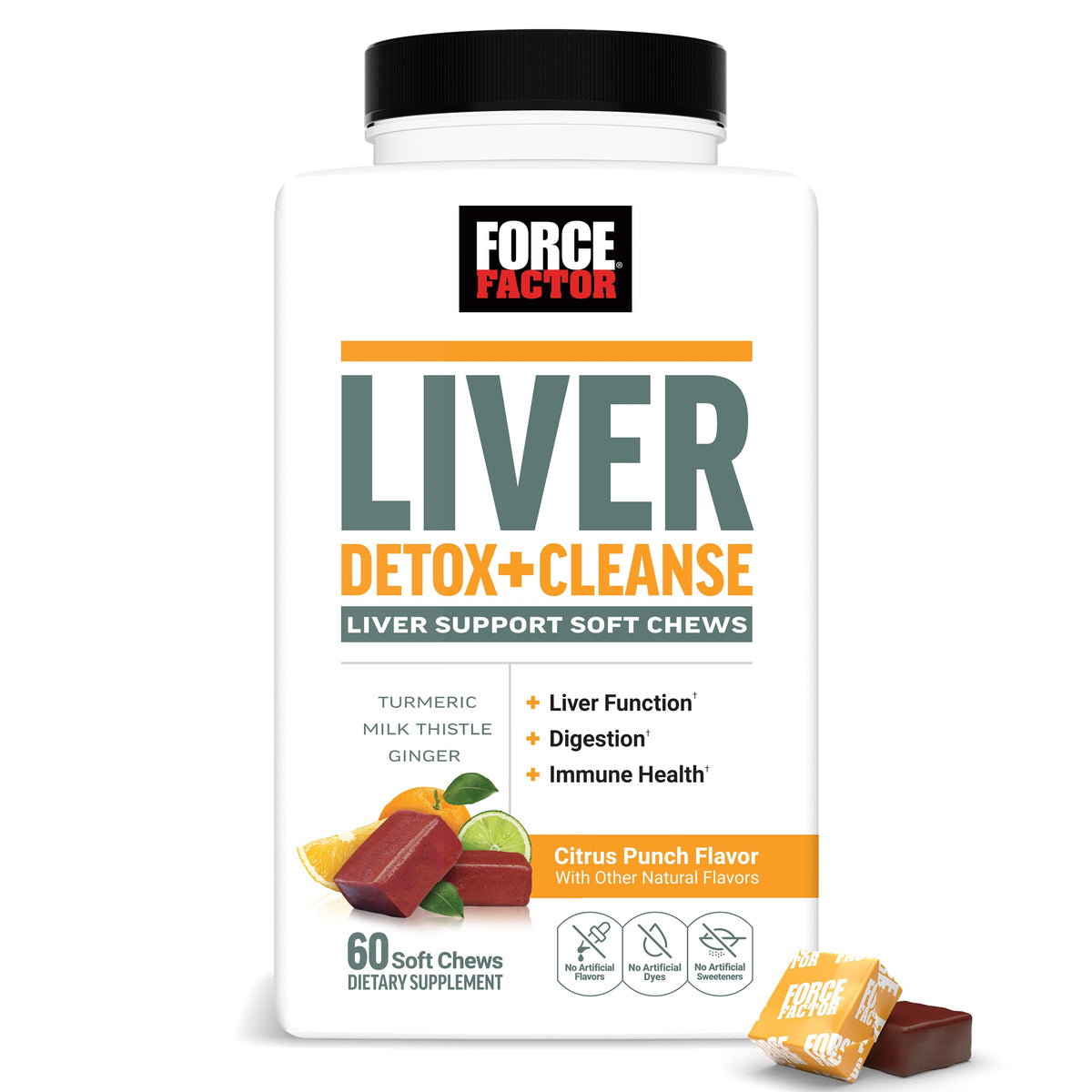 Force Factor Liver Detox Soft Chews bottle front shows Citrus Punch flavor and detox support