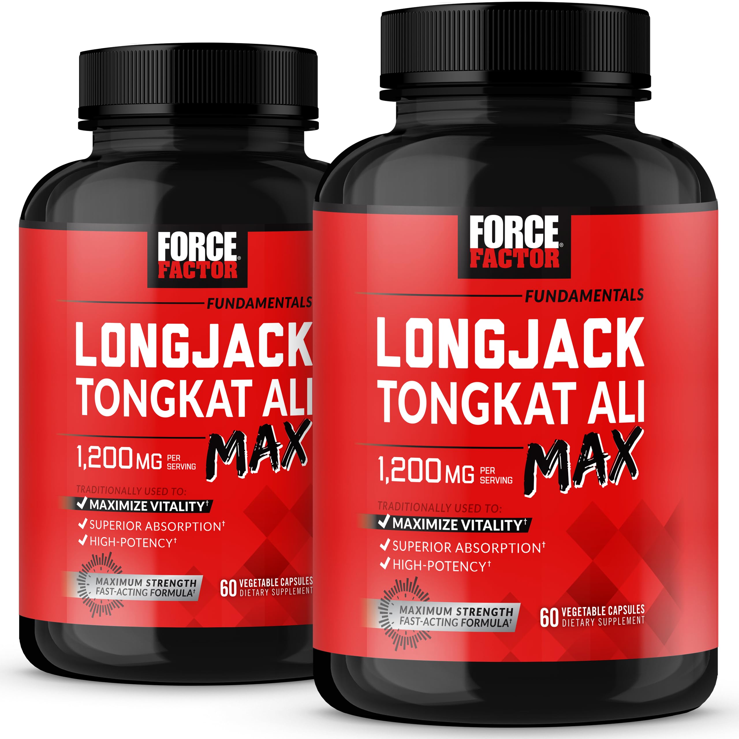 Force Factor Longjack Tongkat Ali Max bottle front for daily vitality support.