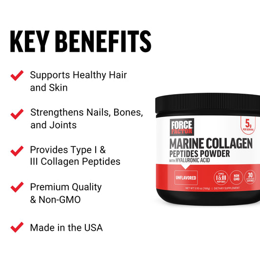 Scoop beside a glass with Force Factor Marine Collagen Powder emphasizes easy daily use