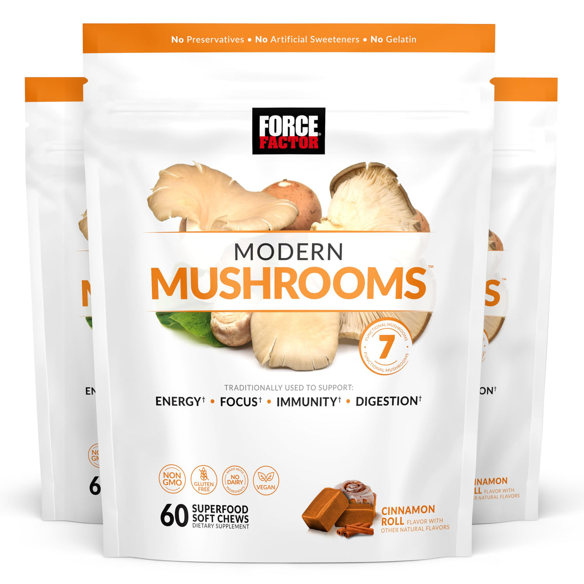 Force Factor Modern Mushrooms Soft Chews bottle for convenient daily energy.