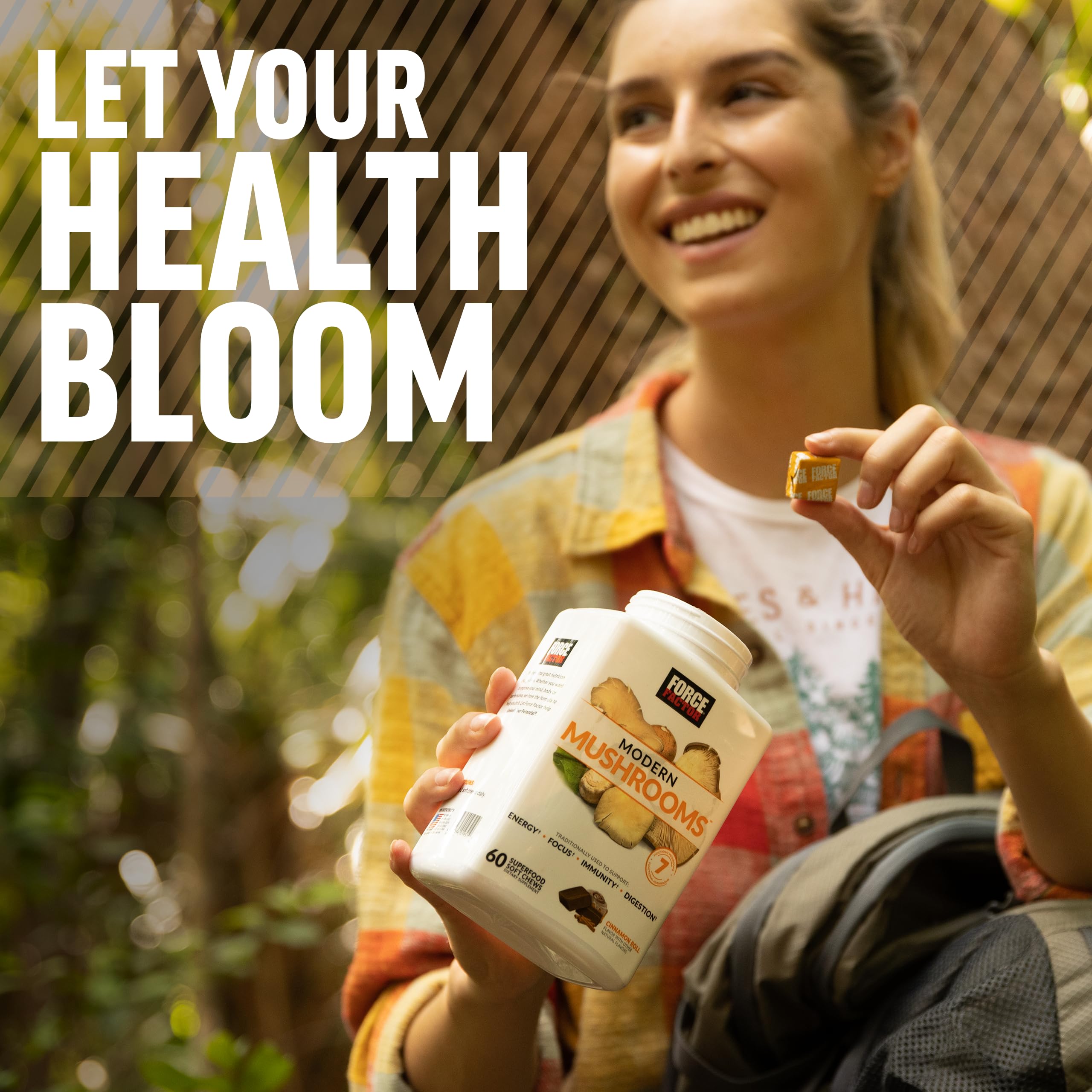 Cinnamon Roll flavor branding on the Modern Mushrooms packaging.