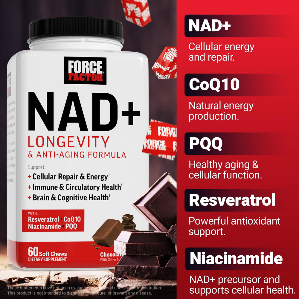 Force Factor NAD+ Longevity niacinamide bottle highlighting NAD+ precursor.