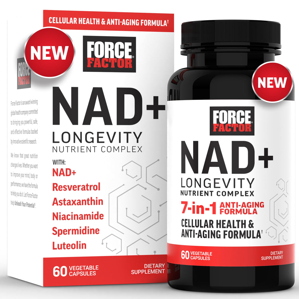 Force Factor NAD+ bottle front highlighting daily energy support and premium longevity formulation.