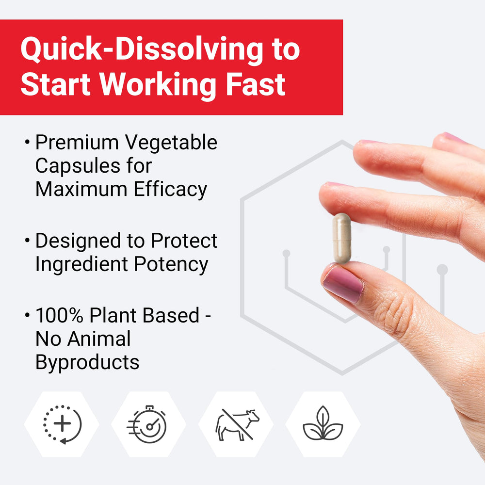 Force Factor NAD+ capsules close-up emphasizing quick-dissolving plant-based capsules for fast absorption.