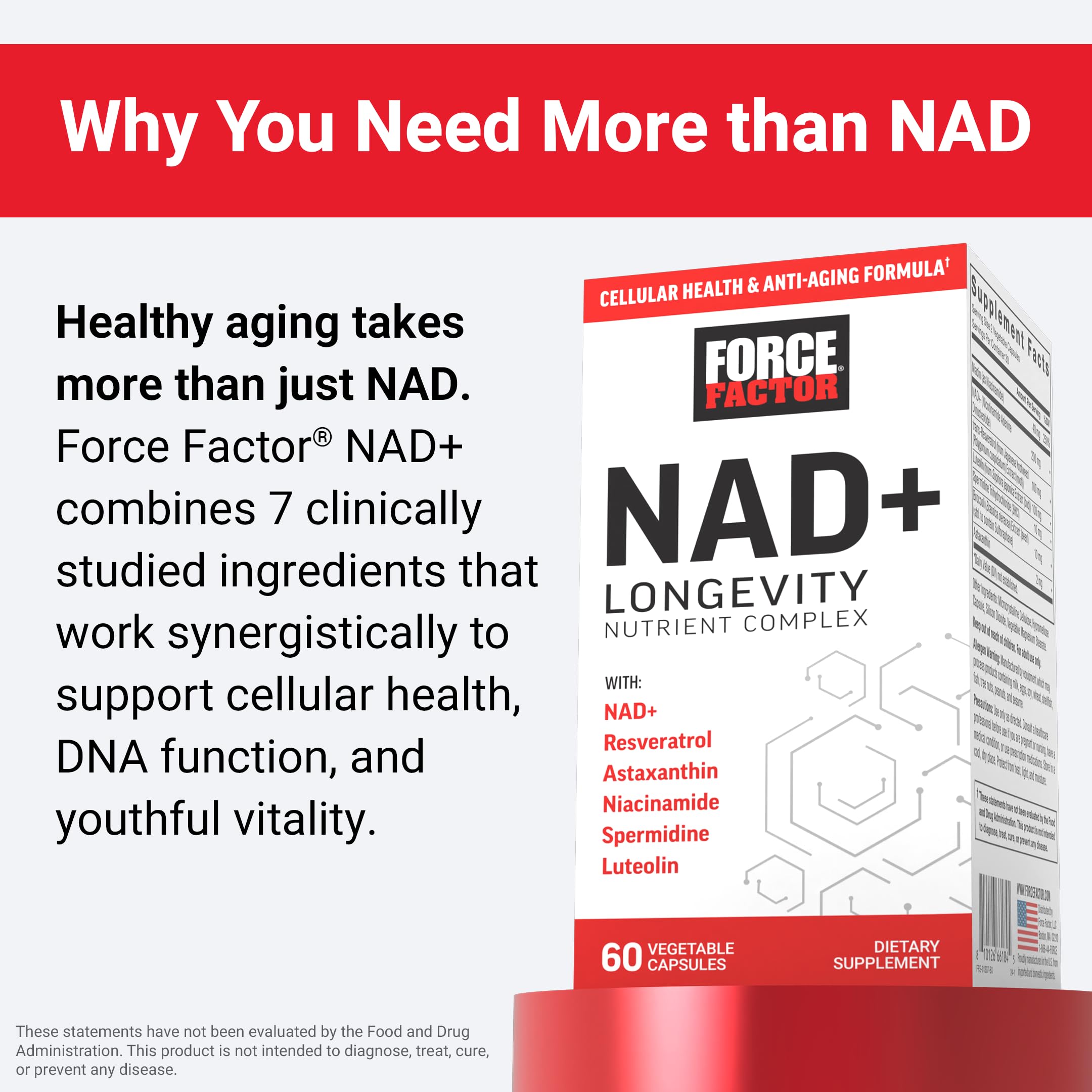 Force Factor NAD+ key ingredients resveratrol highlight supporting cellular vitality and antioxidant protection.