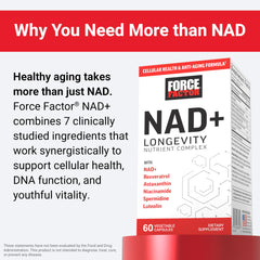Force Factor NAD+ key ingredients resveratrol highlight supporting cellular vitality and antioxidant protection.