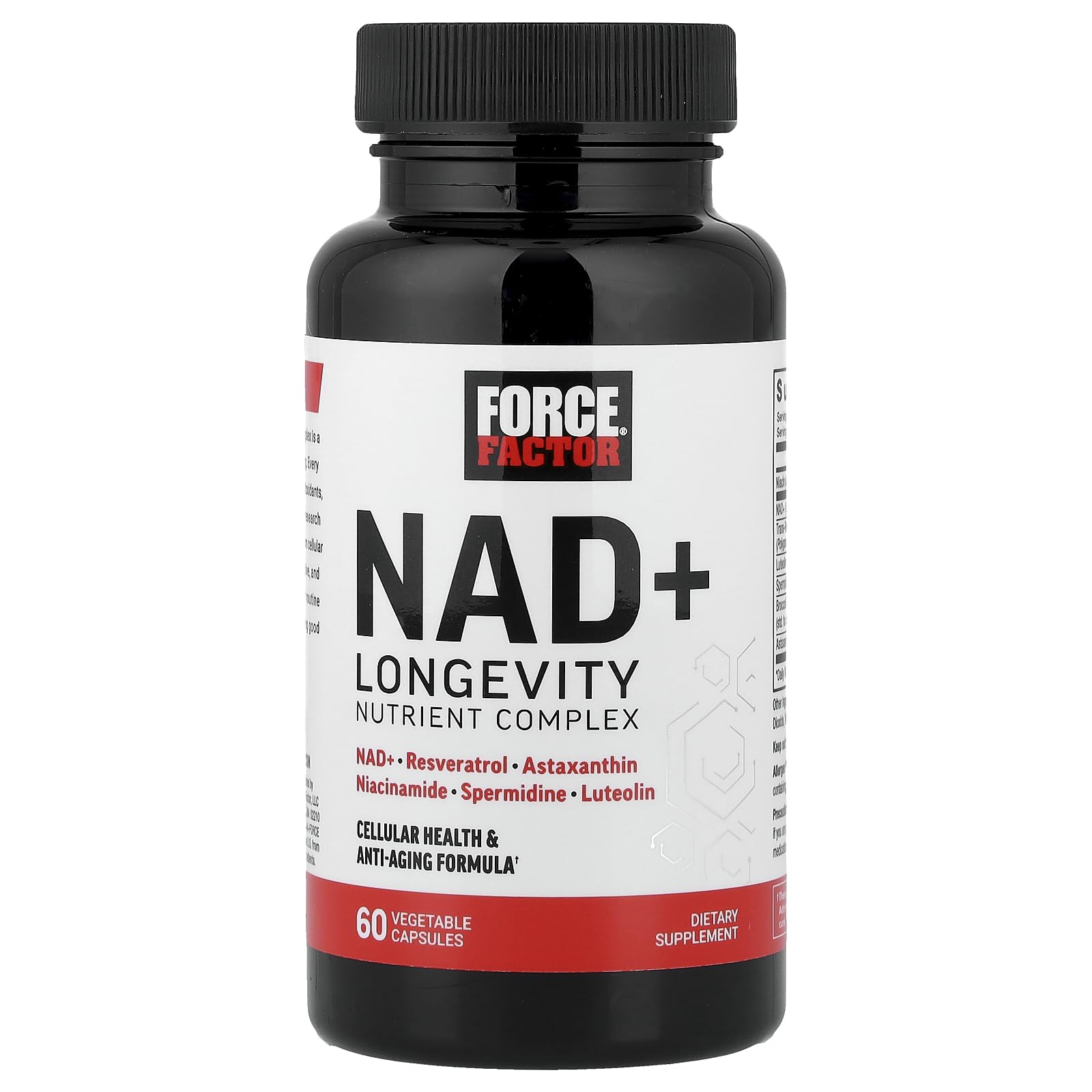 Force Factor NAD+ spermidine panel illustration showing longevity support and mitochondrial energy synergy.