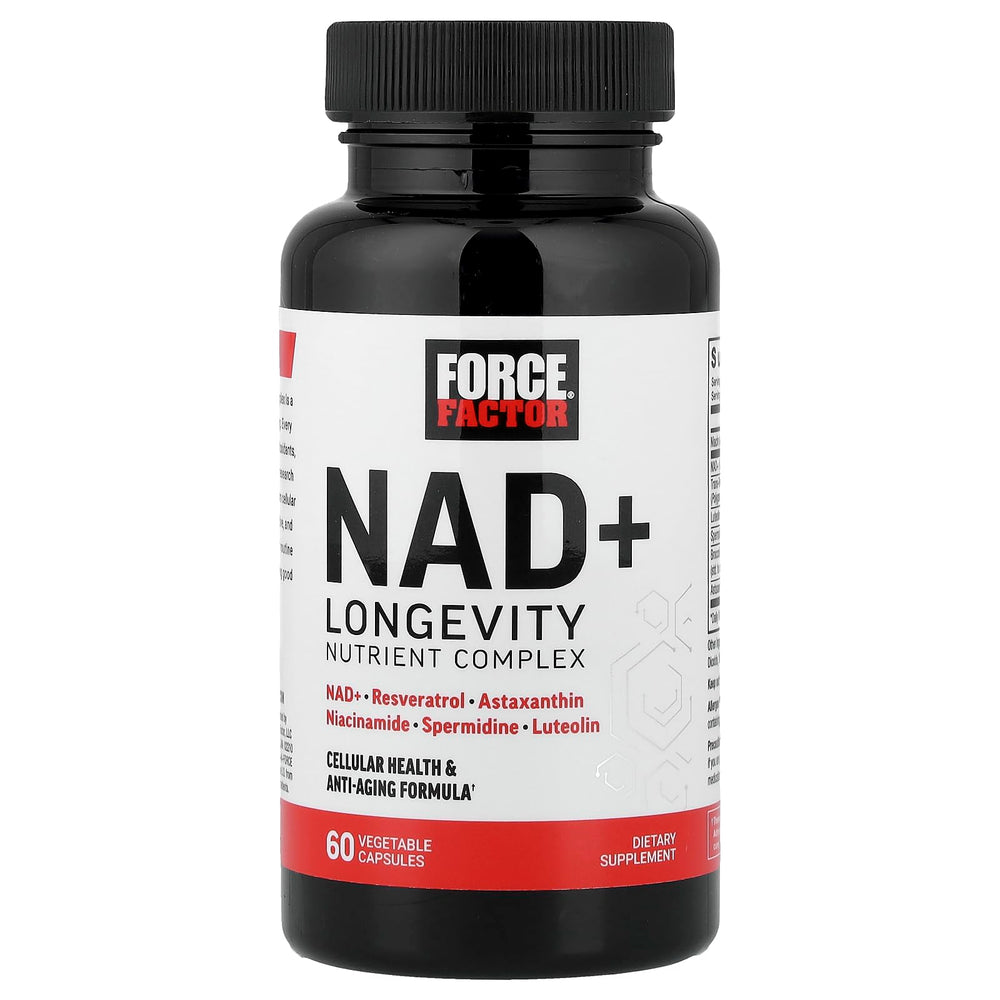 Force Factor NAD+ spermidine panel illustration showing longevity support and mitochondrial energy synergy.