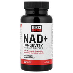Force Factor NAD+ spermidine panel illustration showing longevity support and mitochondrial energy synergy.