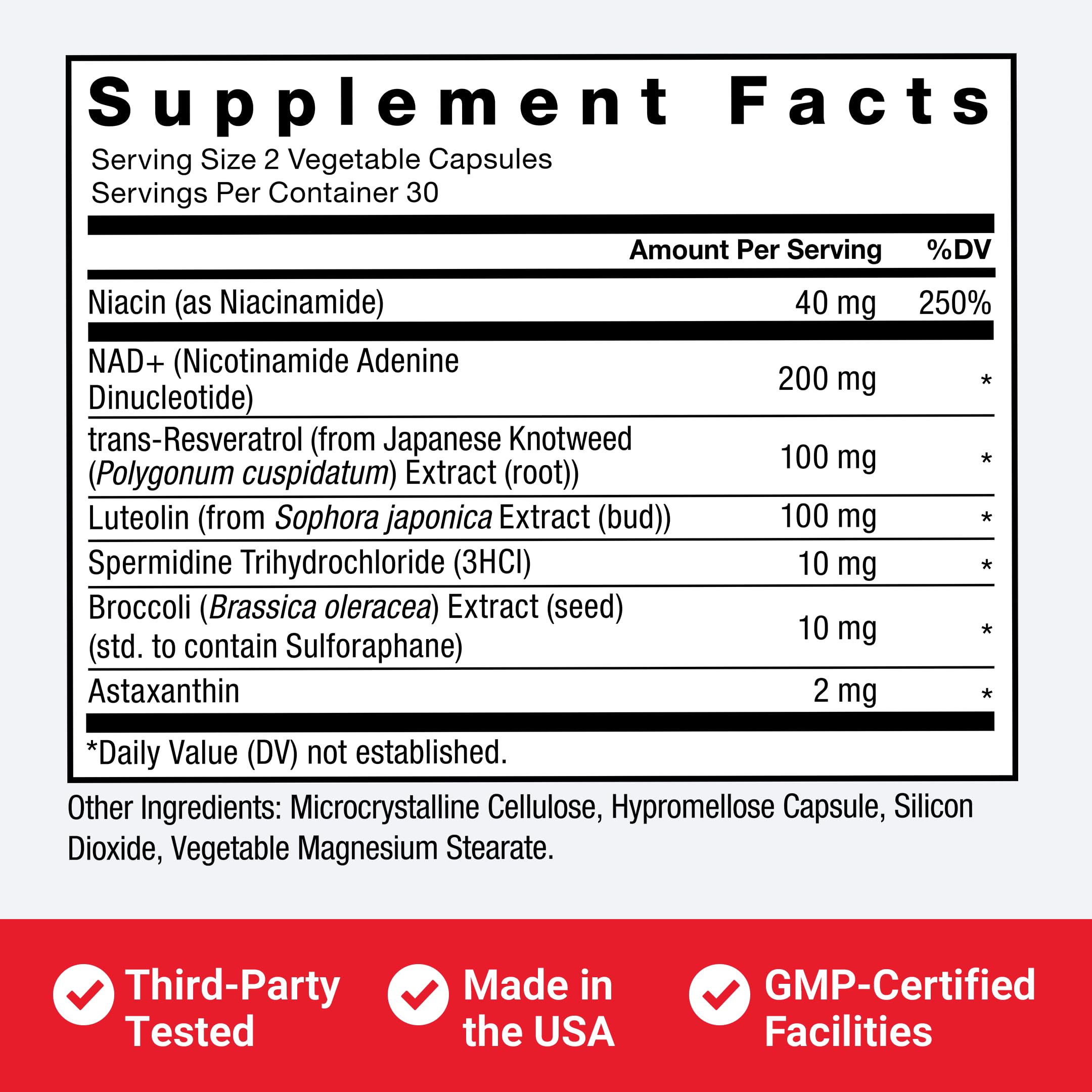 Force Factor NAD+ USA-made facility badge indicating GMP-certified production and third-party testing.