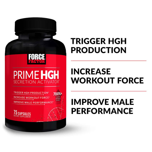 Force Factor Prime HGH Secretion bottle front shows compact capsule packaging for workouts.