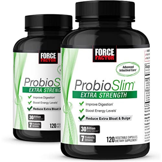 Force Factor ProbioSlim Extra Strength bottle front highlighting 30B CFUs for gut balance.