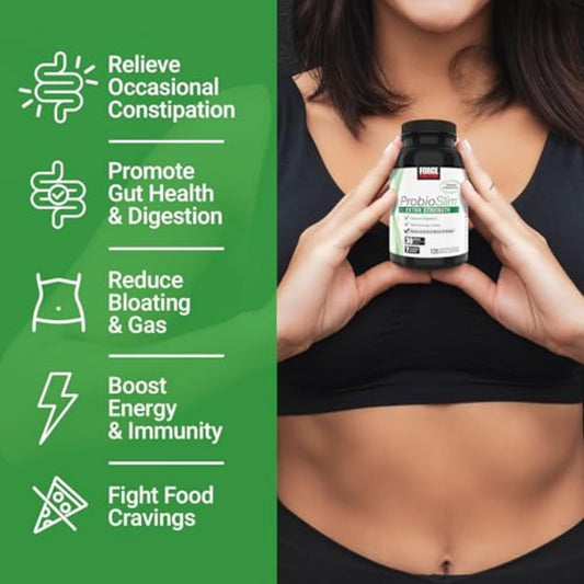 Force Factor ProbioSlim Extra Strength bottle label details seven probiotic strains.