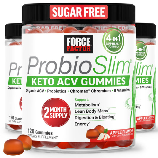 Force Factor ProbioSlim Keto ACV Gummies bottle showing metabolism-supporting supplementation.