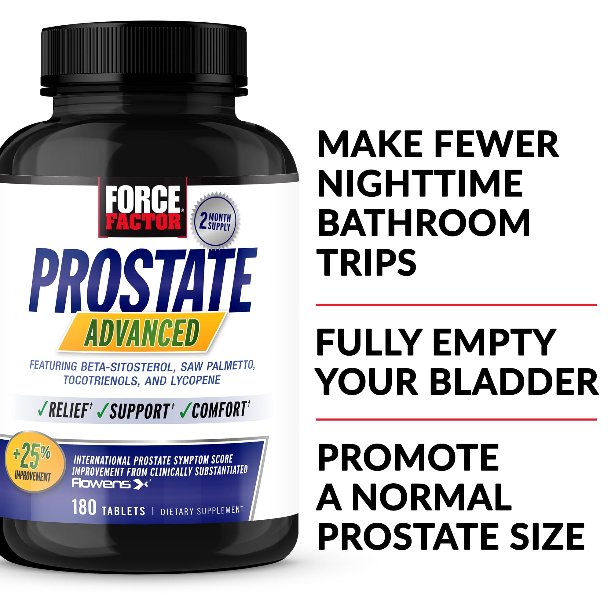 Force Factor Prostate Advanced capsules closeup, easy-to-swallow tablets.