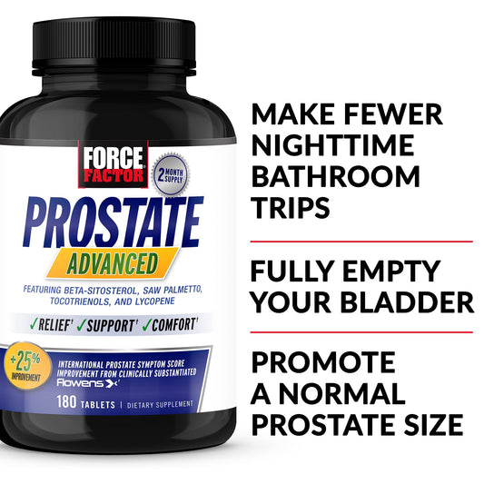 Force Factor Prostate Advanced capsules closeup, easy-to-swallow tablets.
