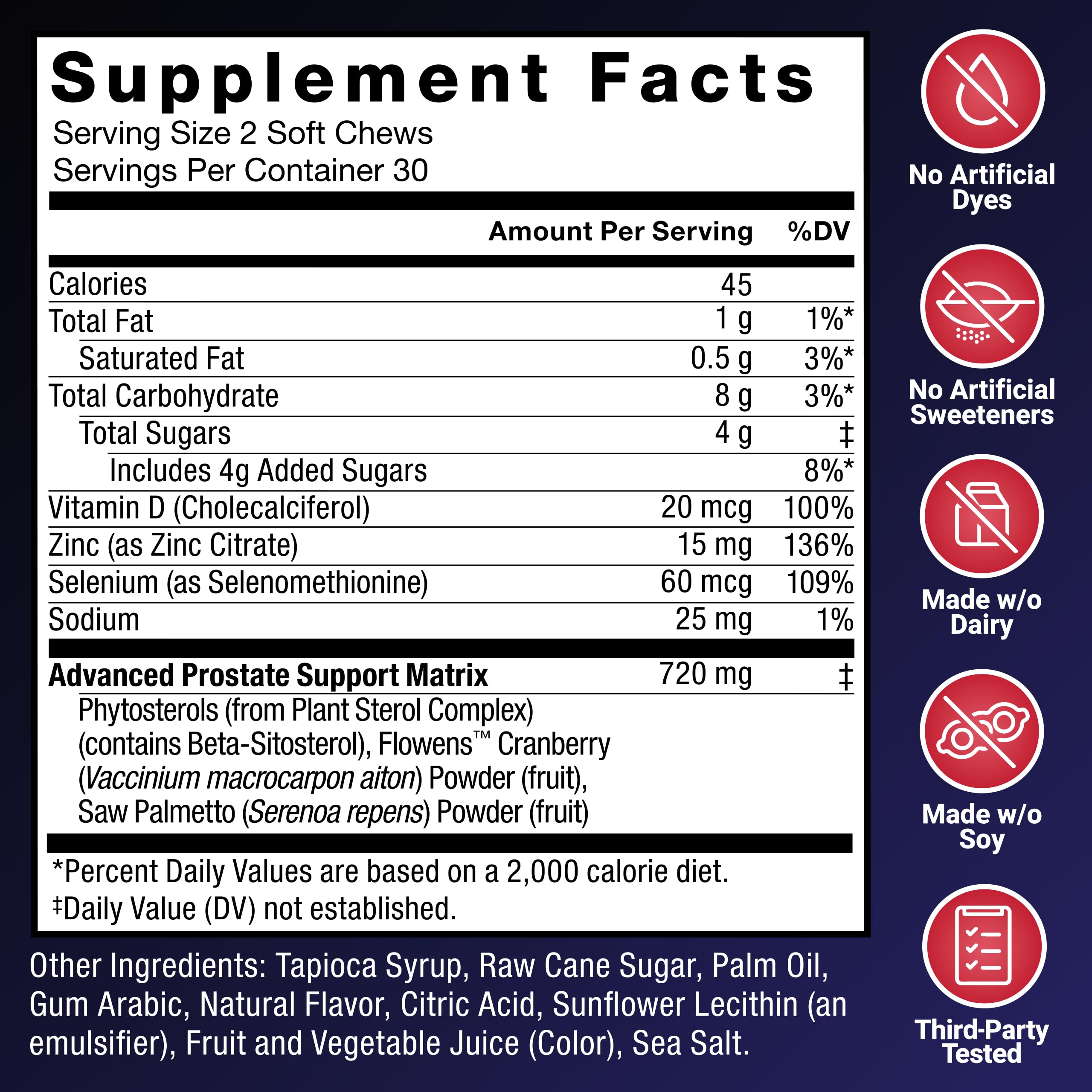 Nutrition label detail on the Force Factor Prostate Soft Chews package.