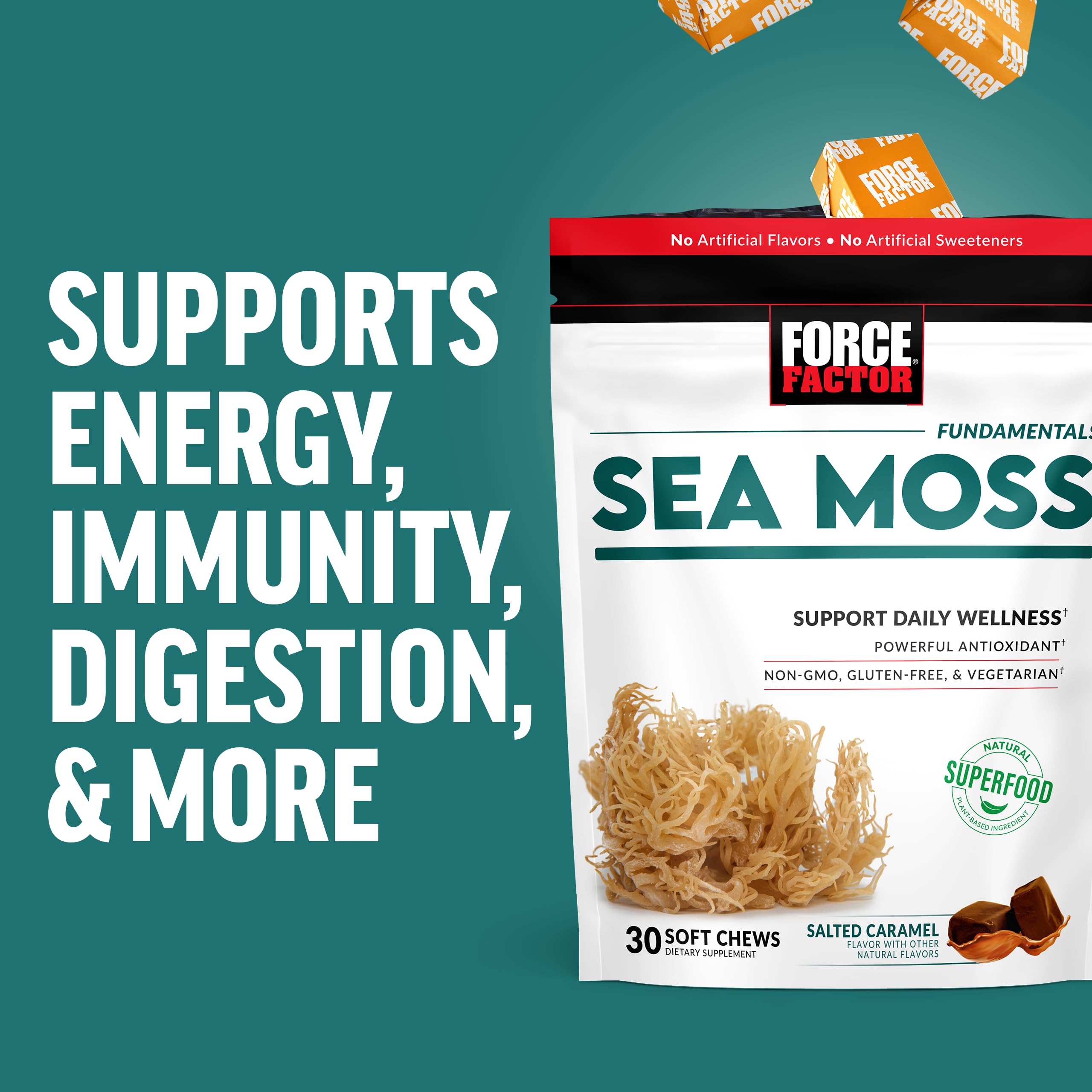 Image highlighting Force Factor Sea Moss Soft Chews ingredients with premium Irish sea moss powder