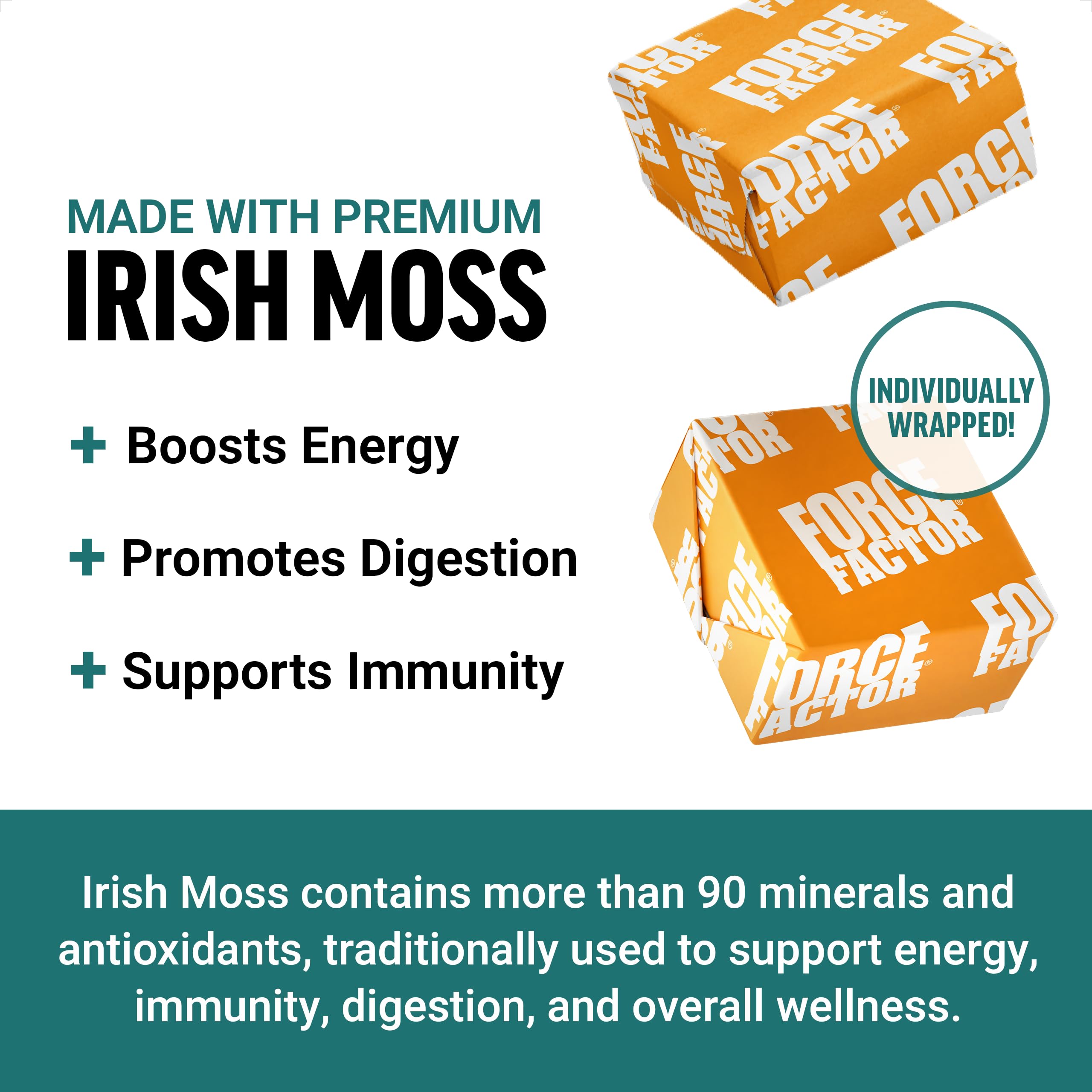 Force Factor Sea Moss Soft Chews 2-pack packaging highlighting non-GMO and gluten-free formulation