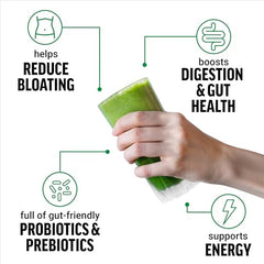 Force Factor Smarter Greens bottle pour shows quick mix into water for a refreshing boost.
