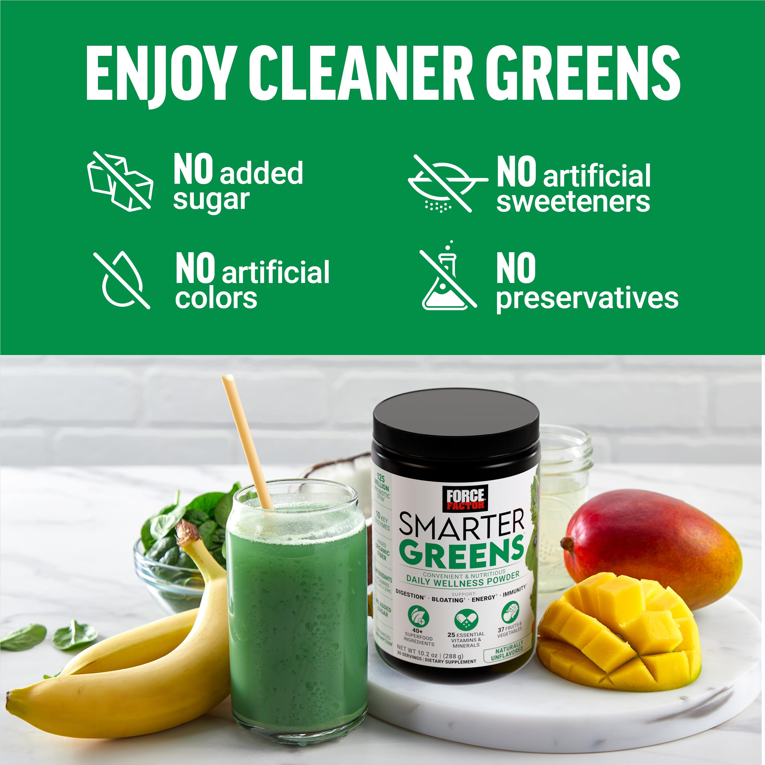 Force Factor Smarter Greens closeup of ingredients highlights 37 fruits and vegetables.