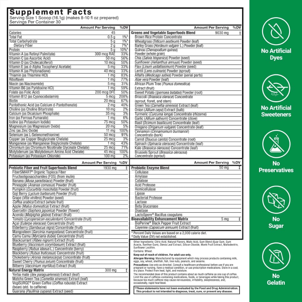 Digestive enzymes and probiotics icons on Smarter Greens packaging